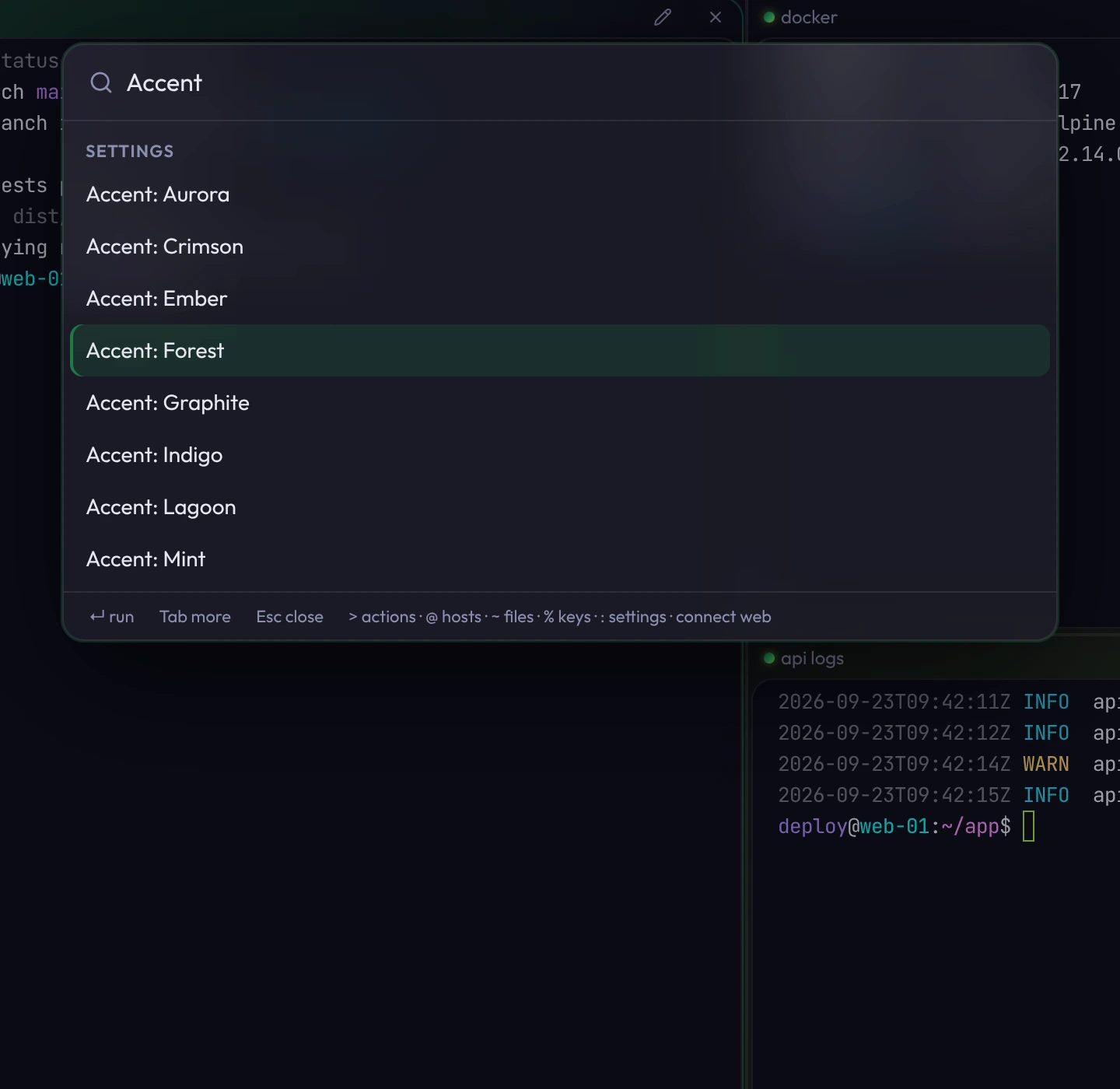 The Command Center previewing the Forest accent on the whole window while the pointer rests on it.