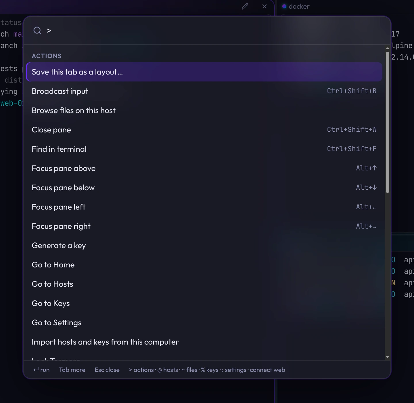 The Command Center listing actions such as Save this tab as a layout, Broadcast input and Find in terminal, with their shortcuts.