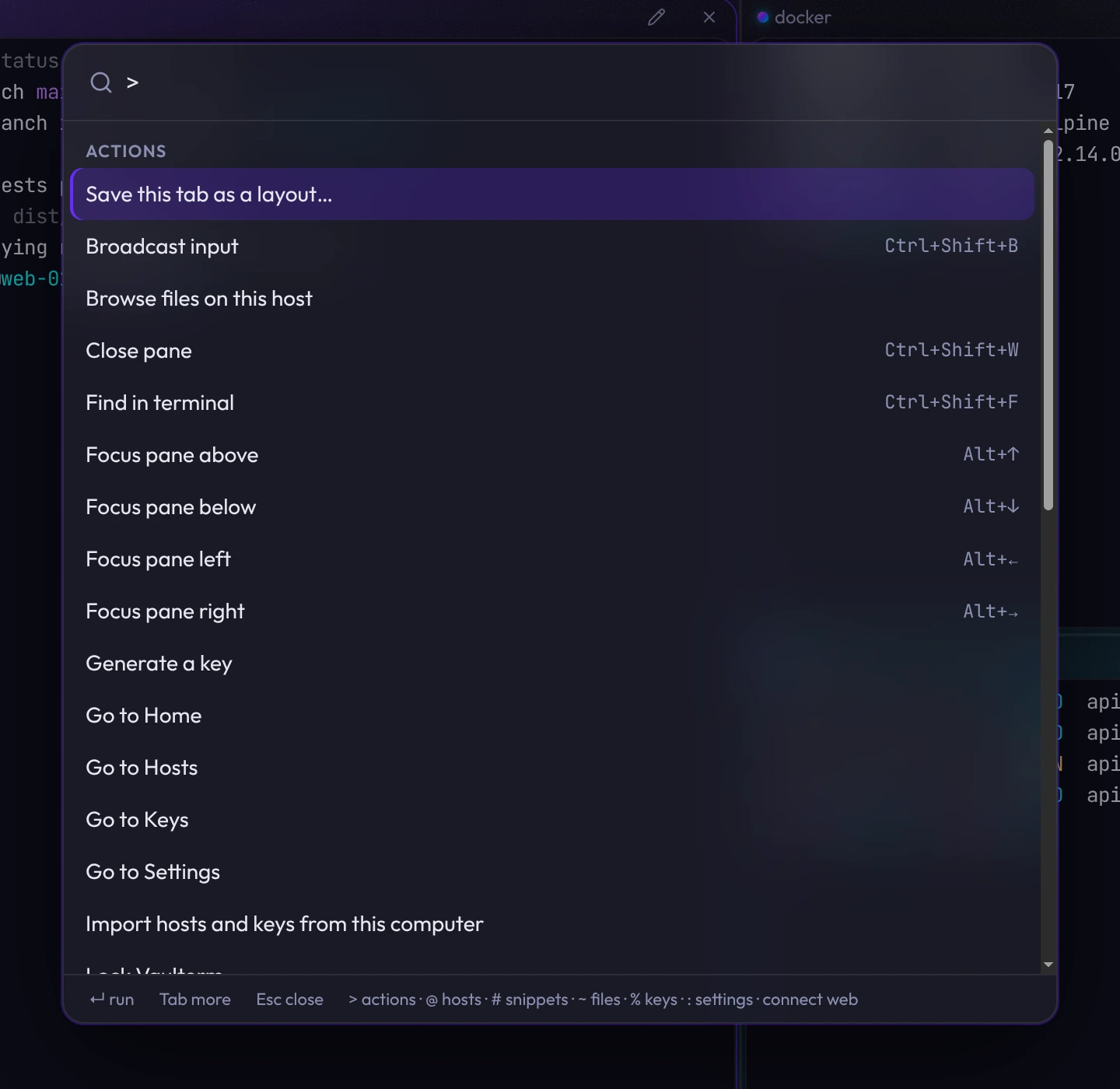 The Command Center listing actions with their shortcuts.