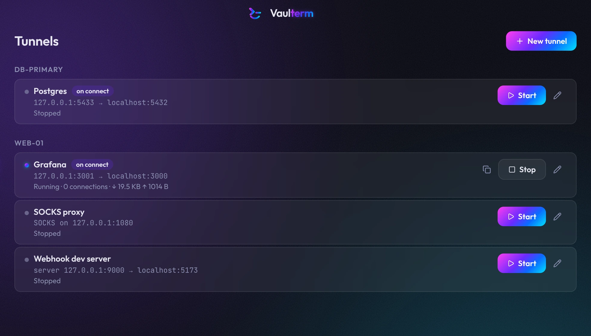 The Tunnels page listing Postgres, Grafana, SOCKS proxy and Webhook dev server tunnels by host, with Grafana running.