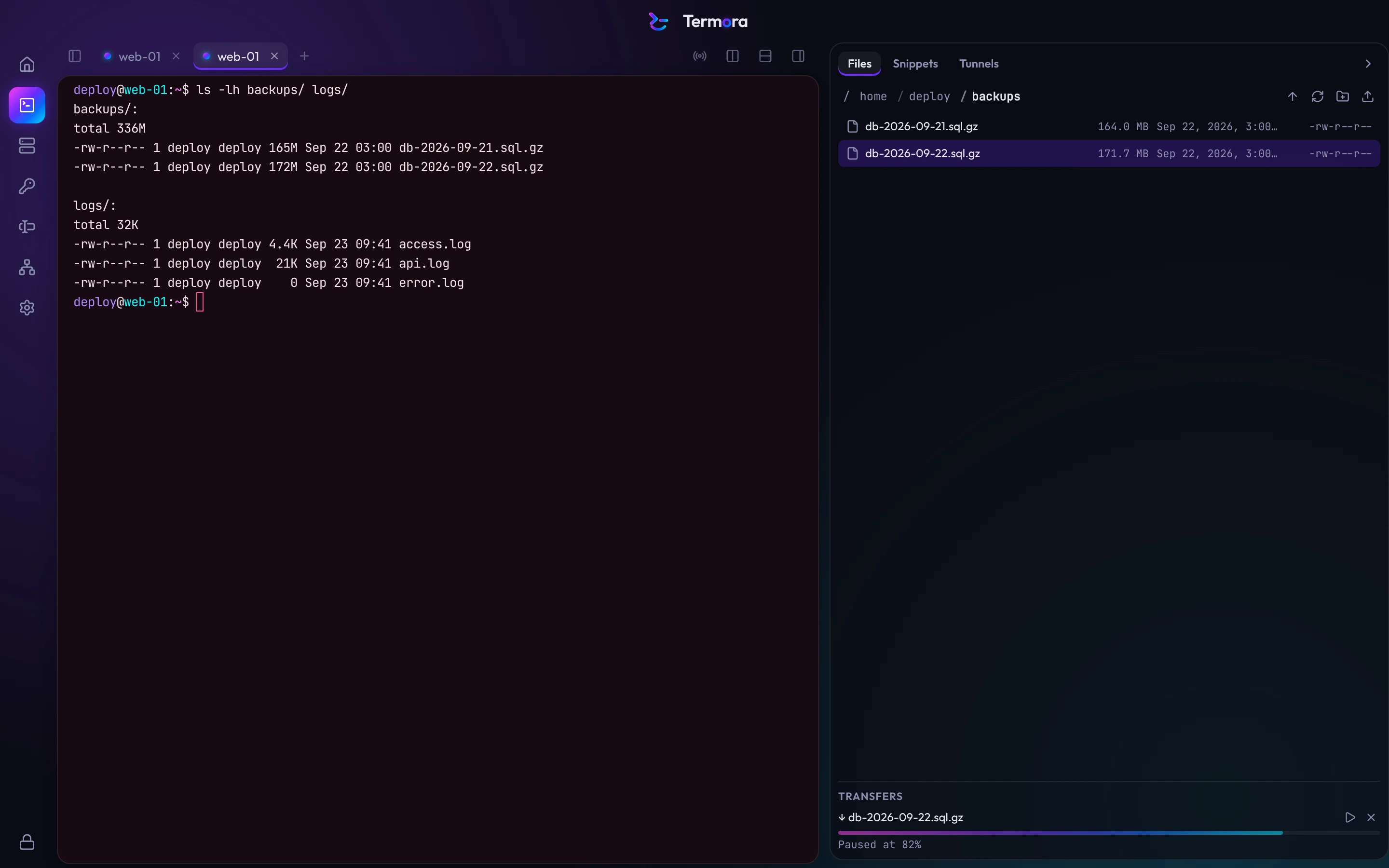 A terminal on web-01 with the Files tray open beside it, in the backups folder, with a download paused part way in the Transfers list.