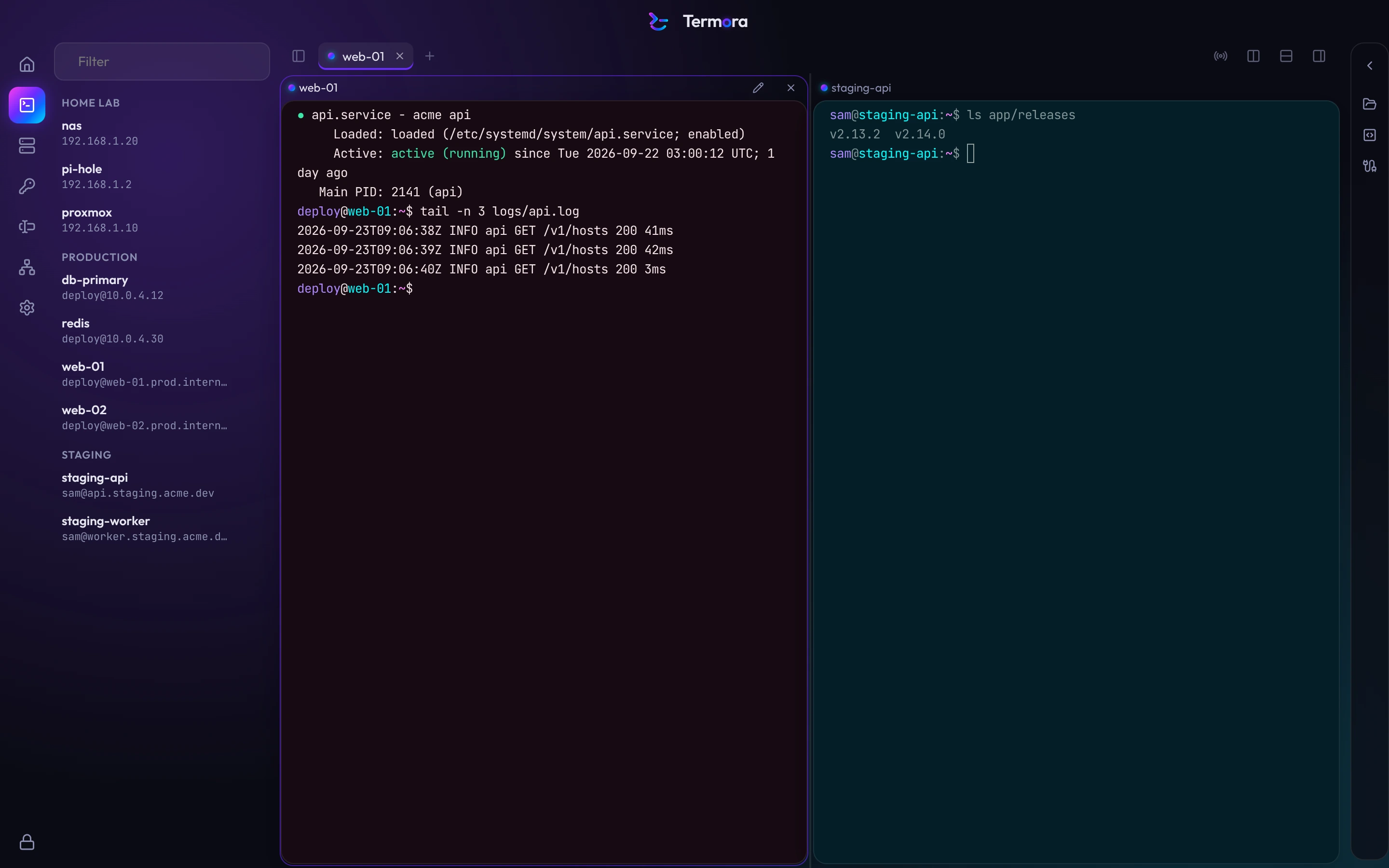 A tab split in two: web-01 from the Production group in a dark red terminal theme, and staging-api from the Staging group, dragged in from the host list, in a blue one.