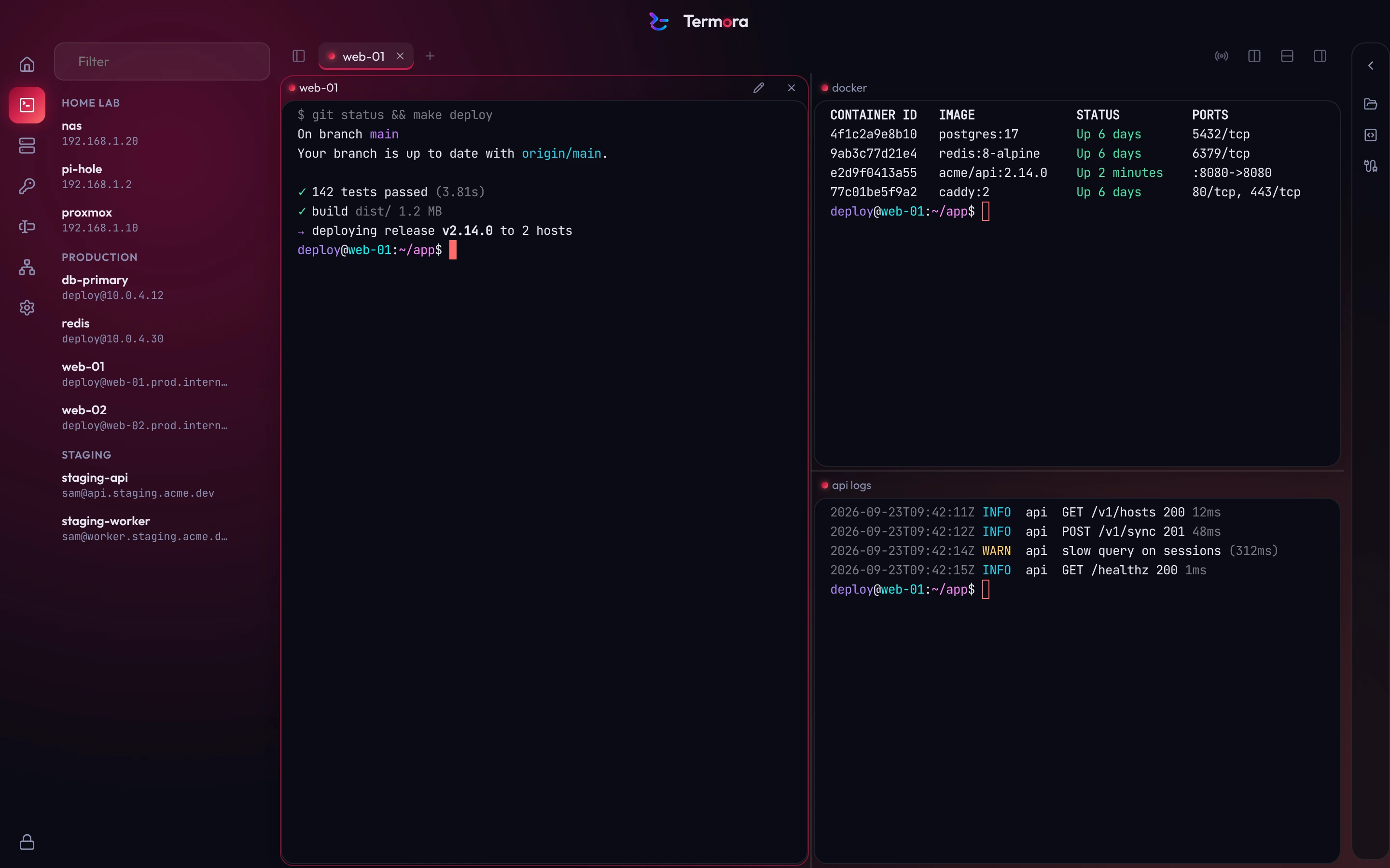 The Termora workspace with the Crimson accent