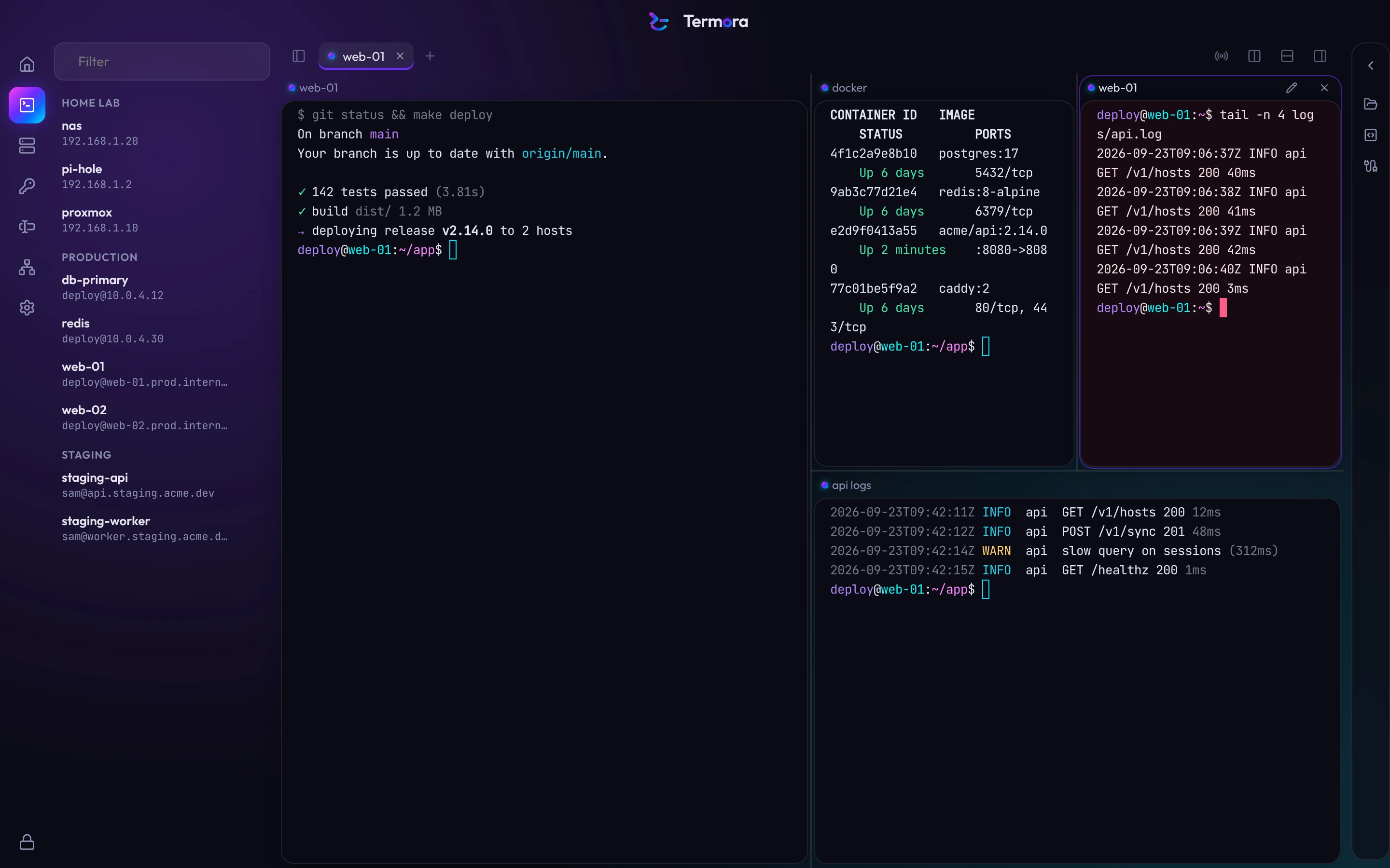 Named split panes running a deploy, containers and API logs. web-01 has been dragged from the host list onto the docker pane, splitting it, and the new pane shows the server's logs in production red.